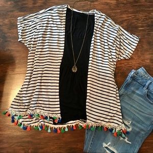 Striped Kimono Cardigan w/Pom Poms & bird necklace